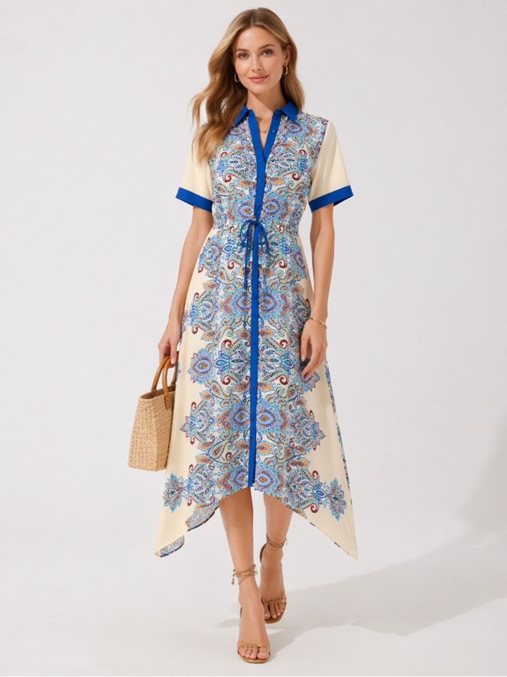 NWT Johnny Was Silk Blend Handkerchief Midi Shirt Dress Sz L